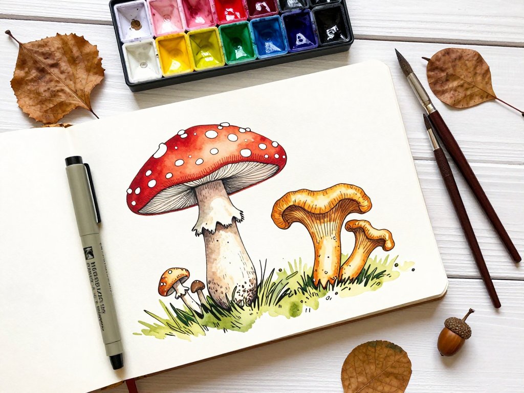 Mushroom Illustration: Ink and Watercolor Fungi
